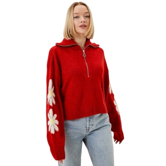 Topshop Sweaters - TOPSHOP Red Daisy Quarter Zip Collared Crop Cozy Knit Sweater Womens 10